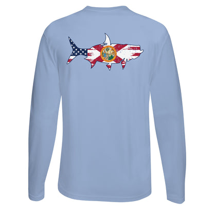 Light Blue long sleeve UPF 50 performance shirt with tarpon silhouette featuring the Florida State flag and USA flag on the back