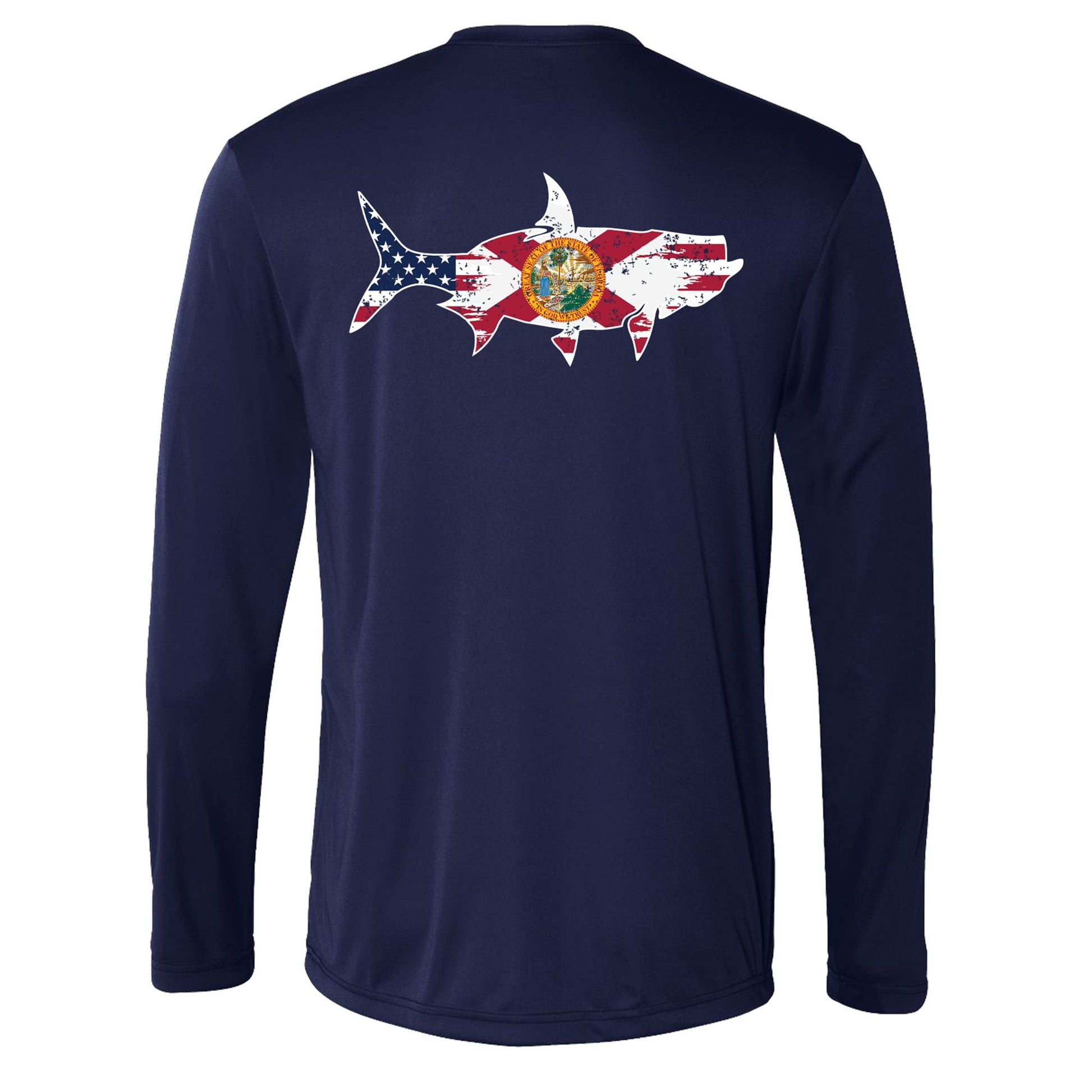 Navy long sleeve UPF 50 performance shirt with tarpon silhouette featuring the Florida State flag and USA flag on the back