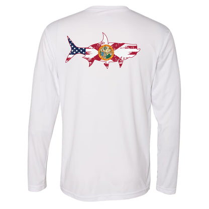 White long sleeve UPF 50 performance shirt with tarpon silhouette featuring the Florida State flag and USA flag on the back