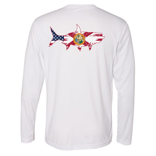 White long sleeve UPF 50 performance shirt with tarpon silhouette featuring the Florida State flag and USA flag on the back