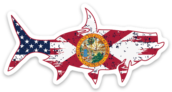 3-inch tarpon fish sticker with Florida flag and American flag graphic, vinyl decal for fishing and boating gear