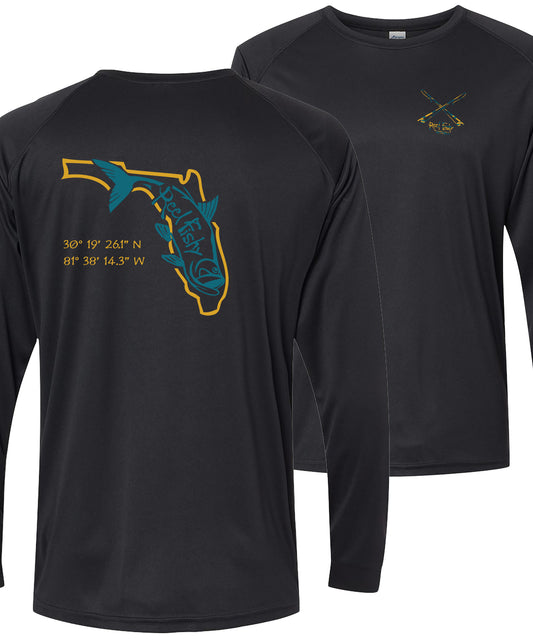 Black long sleeve performance shirt with teal Tarpon State of Florida design and 50+ UV sun protection