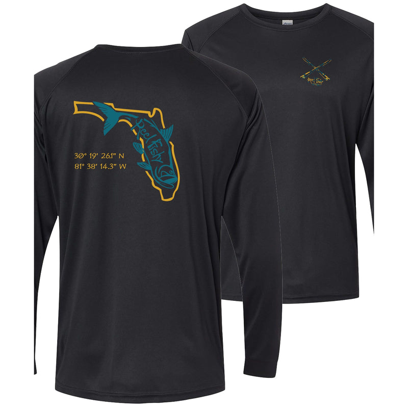 Black long sleeve performance shirt with teal Tarpon State of Florida design and 50+ UV sun protection