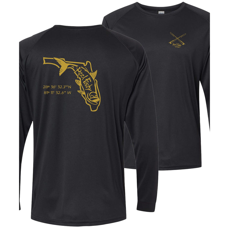 Black long sleeve performance shirt with gold Tarpon State of Florida design and 50+ UV sun protection