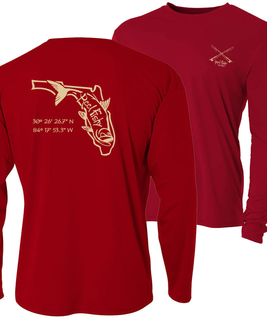 Cardinal long sleeve performance shirt with gold Tarpon State of Florida design and 50+ UV sun protection
