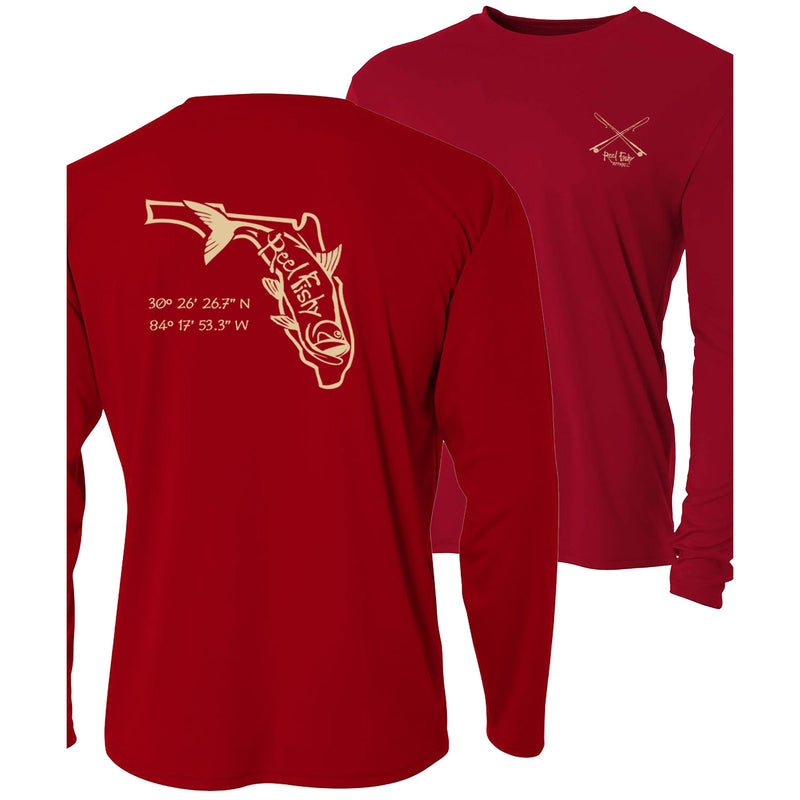 Cardinal long sleeve performance shirt with gold Tarpon State of Florida design and 50+ UV sun protection