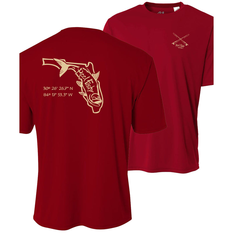 Cardinal short sleeve performance shirt with gold Tarpon State of Florida design and 50+ UV sun protection