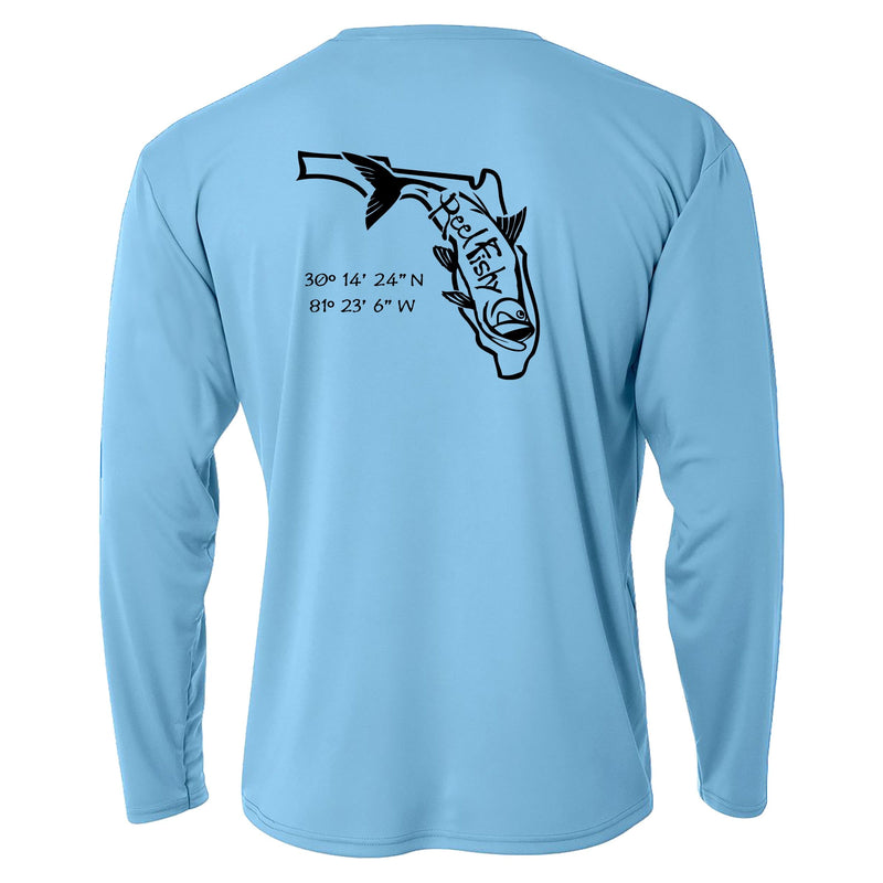 Light blue long sleeve performance shirt with navy Tarpon State of Florida design and 50+ UV sun protection