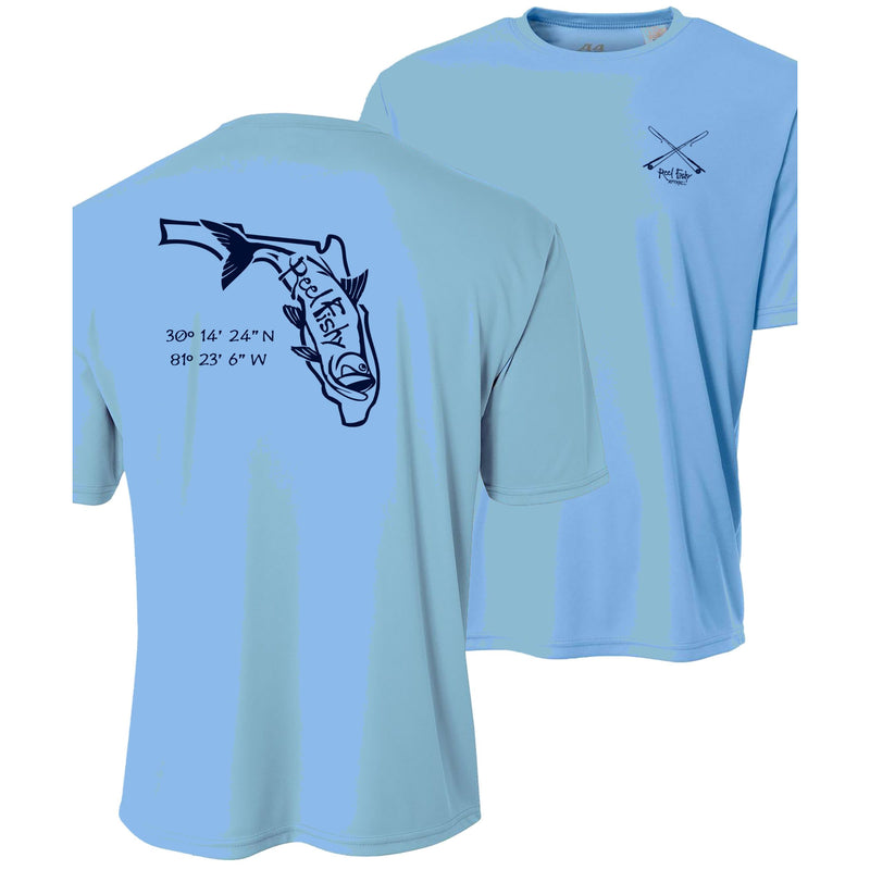 Light blue short sleeve performance shirt with navy Tarpon State of Florida design and 50+ UV sun protection