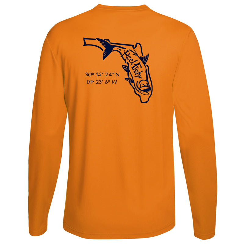 Neon Orange long sleeve performance shirt with navy Tarpon State of Florida design and 50+ UV sun protection