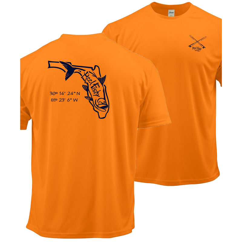 Neon Orange short sleeve performance shirt with navy Tarpon State of Florida design and 50+ UV sun protection