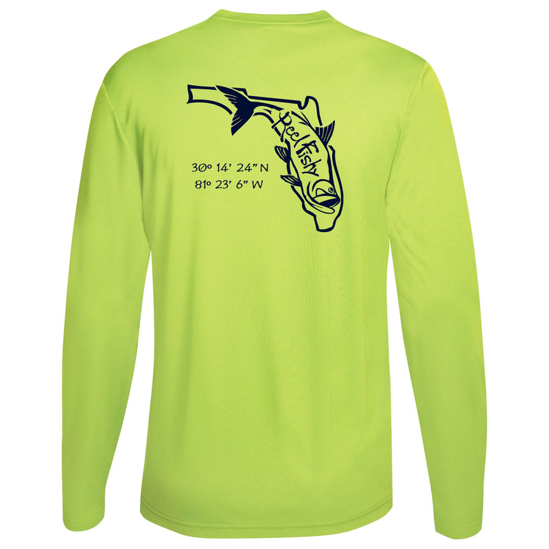 Neon Yellow long sleeve performance shirt with navy Tarpon State of Florida design and 50+ UV sun protection