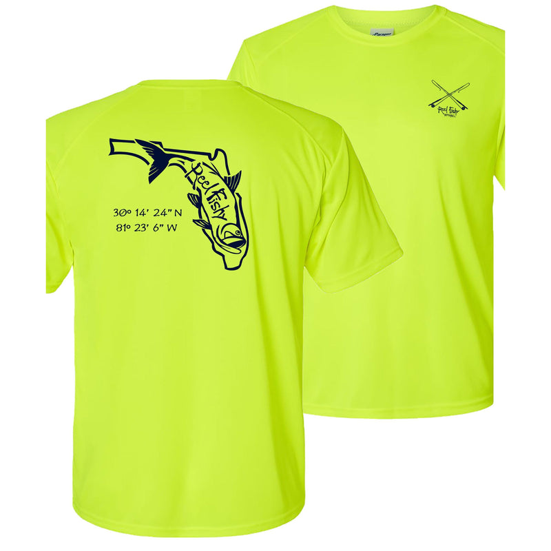 Neon yellow short sleeve performance shirt with navy Tarpon State of Florida design and 50+ UV sun protection