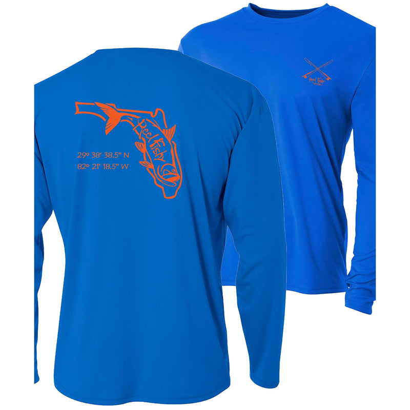 Royal long sleeve performance shirt with orange Tarpon State of Florida design and 50+ UV sun protection