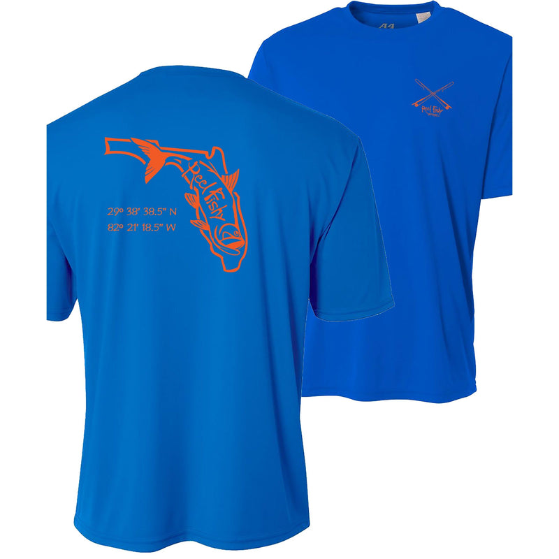 Royal short sleeve performance shirt with gold Tarpon State of Florida design and 50+ UV sun protection