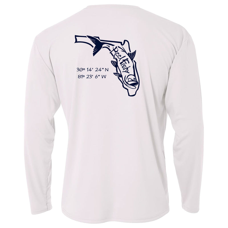 White long sleeve performance shirt with navy Tarpon State of Florida design and 50+ UV sun protection
