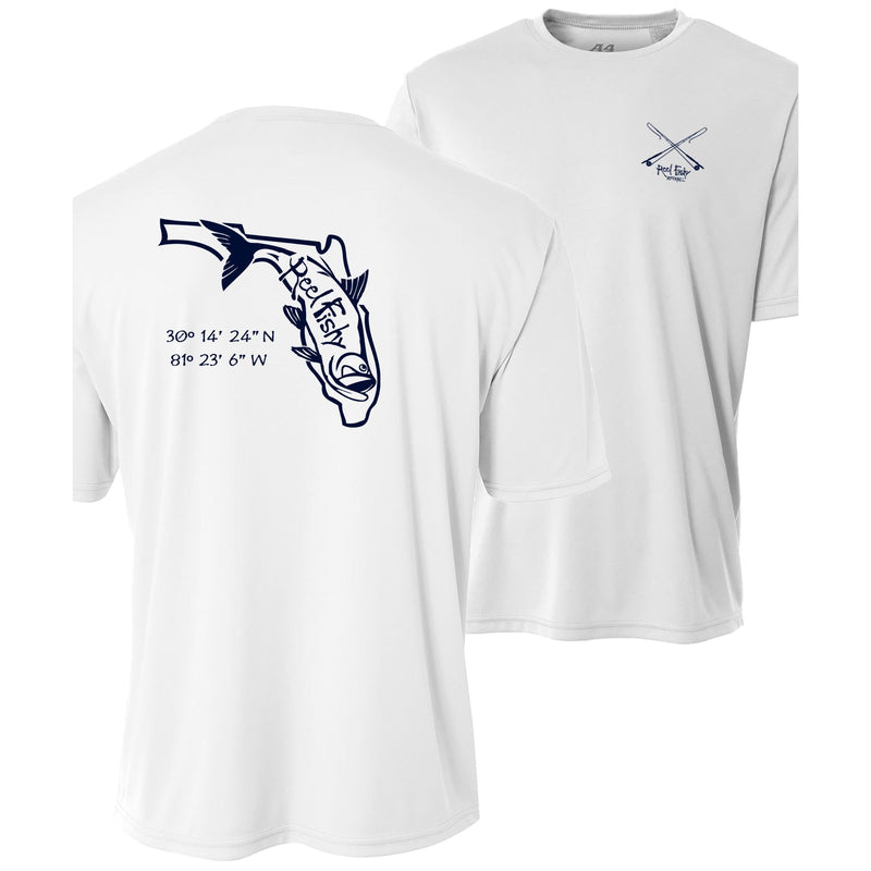 White short sleeve performance shirt with navy Tarpon State of Florida design and 50+ UV sun protection