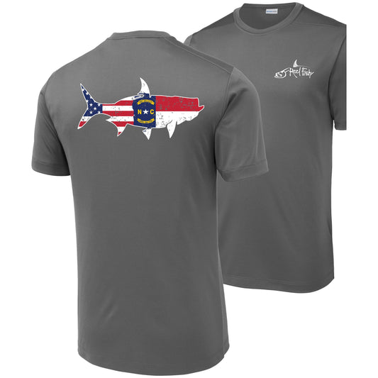 Front and back view of gray short sleeve Tarpon North Carolina Flag fishing shirt with sun-protective UPF 50