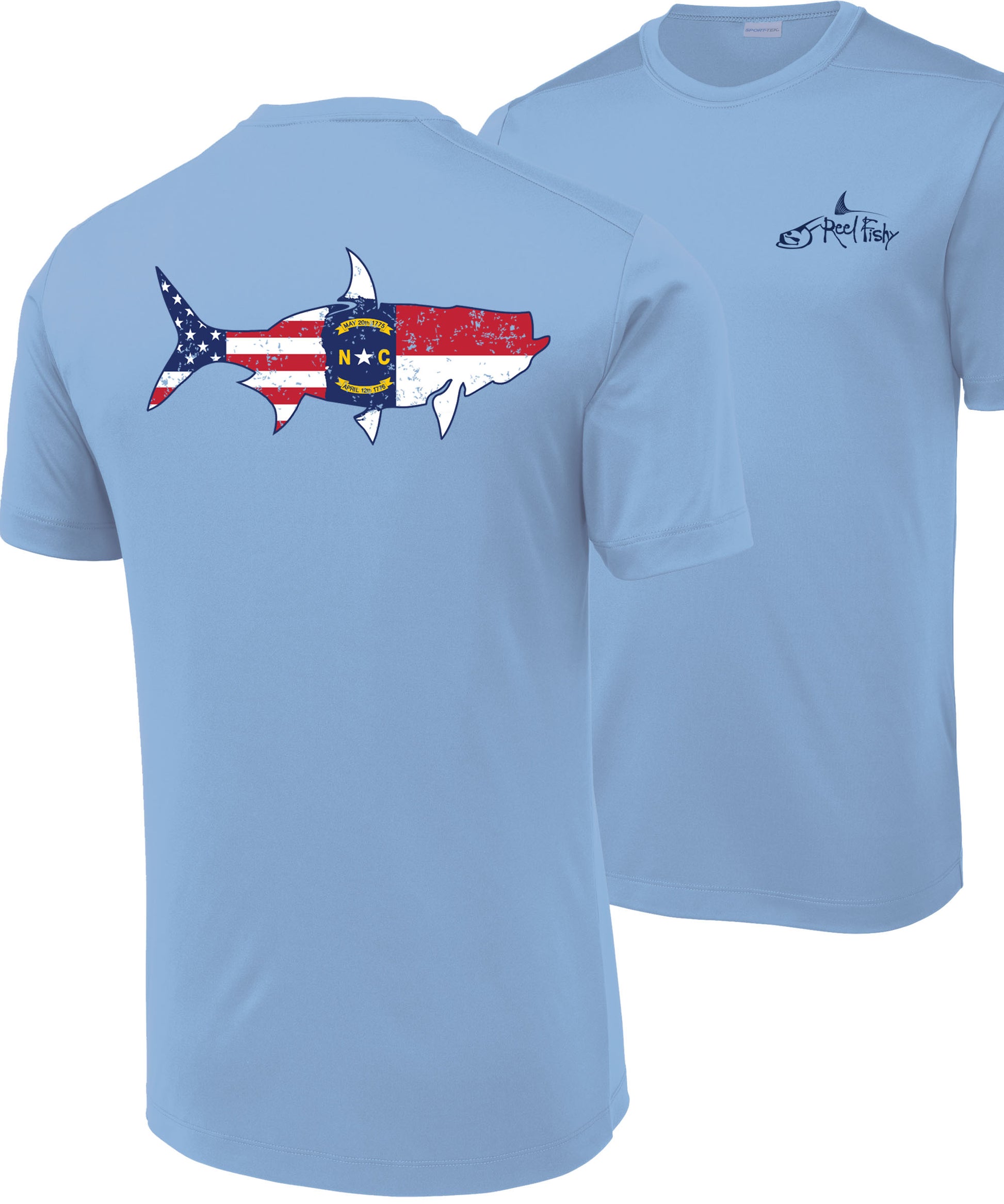Front and back view of light blue short sleeve Tarpon North Carolina Flag fishing shirt with sun-protective UPF 50