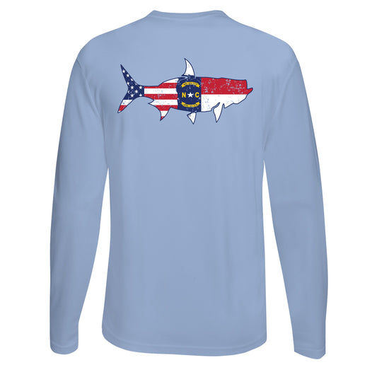 Light Blue long sleeve UPF 50 performance shirt with tarpon silhouette featuring North Carolina State flag and USA flag on back