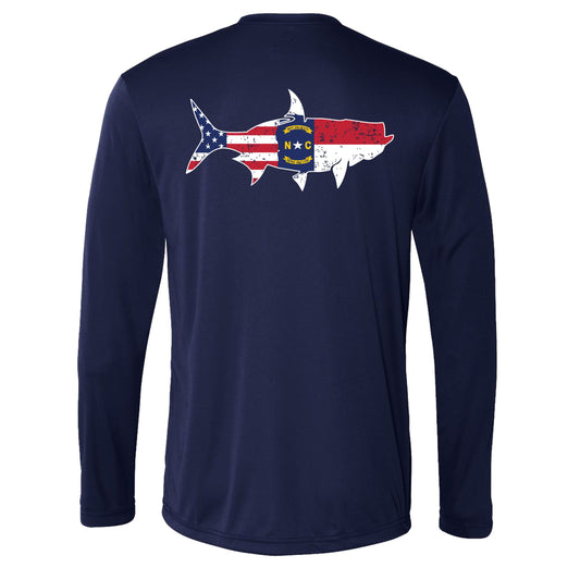 Navy long sleeve UPF 50 performance shirt with tarpon silhouette featuring North Carolina State flag and USA flag on back