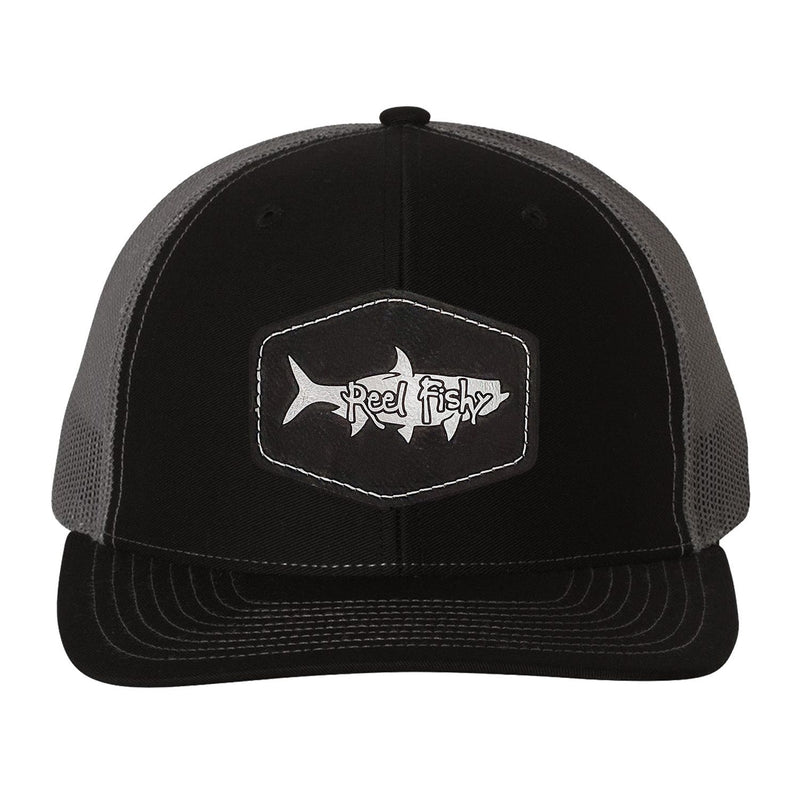 Reel Fishy Tarpon leather black patch on Richardson Black/Charcoal mesh trucker hat