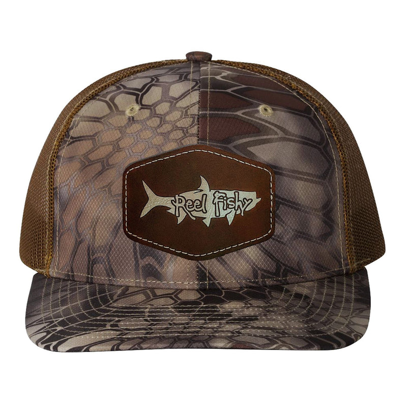Reel Fishy Tarpon leather brown patch Richardson Kryptek Highland Buck camo trucker hat