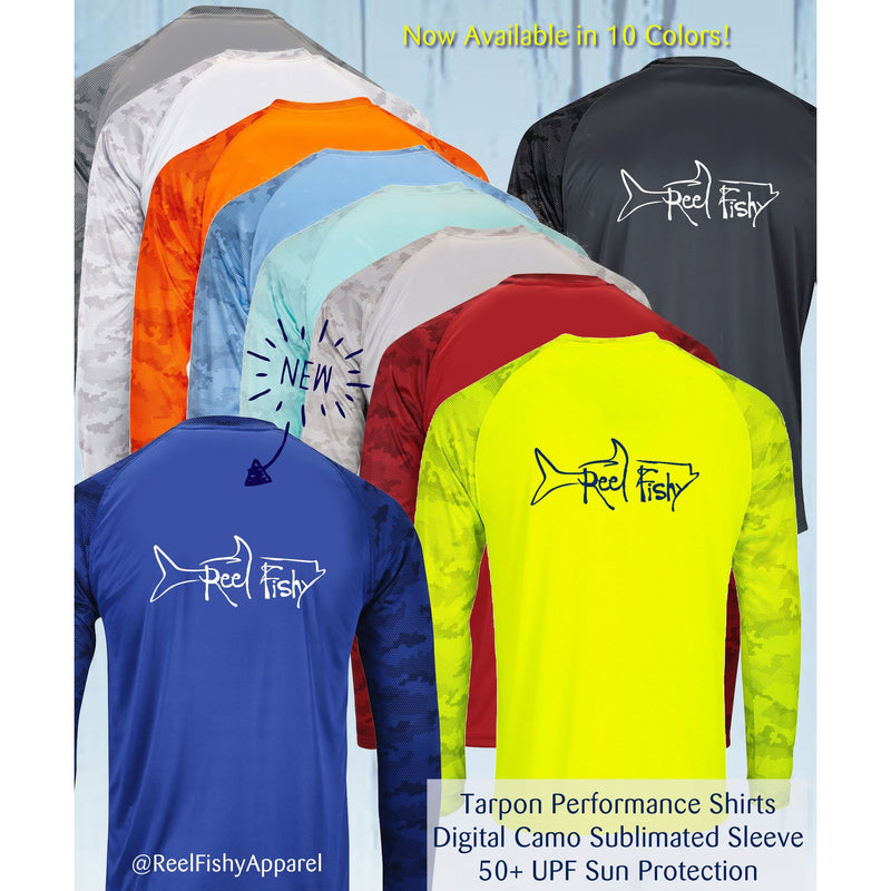 Reel Fishy Tarpon Digital Camo Dry-Fit Long Sleeve Shirt with 50+ UPF Sun Protection – Available in 10 Colors!