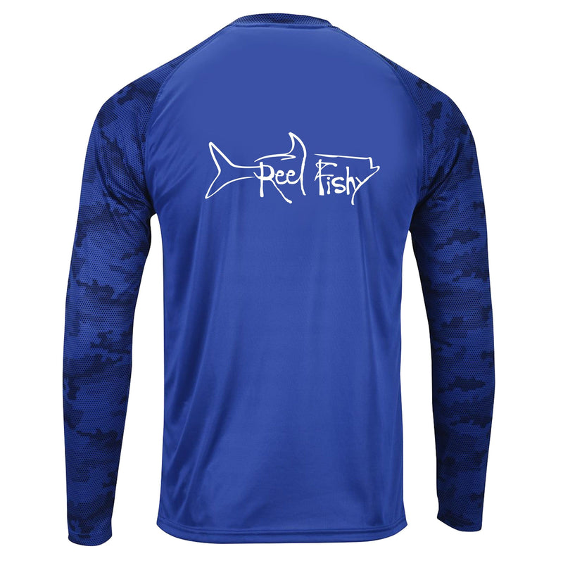Reel Fishy Tarpon Digital Camo Dry-Fit Long Sleeve Shirt in Royal Blue color with 50+ UPF protection