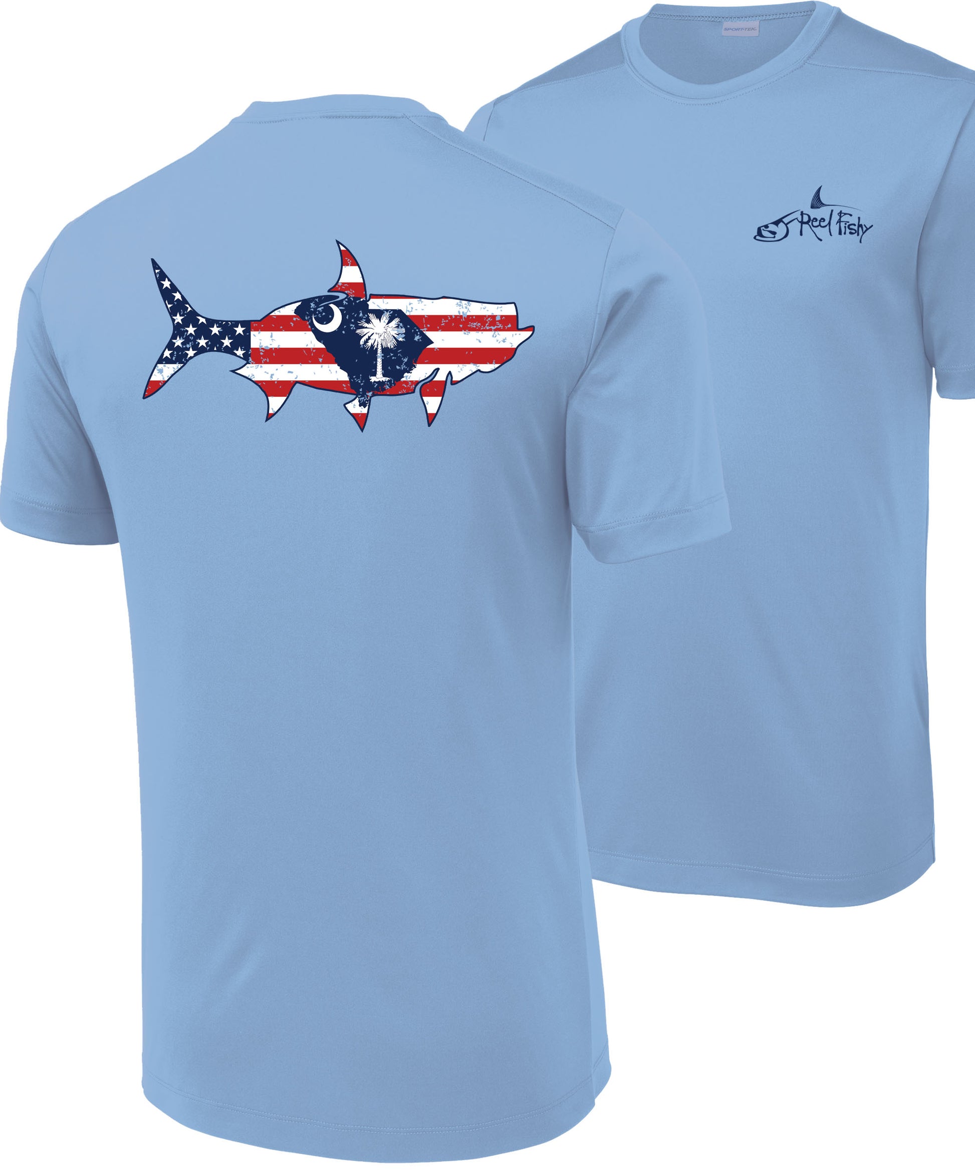 Front and back view of light blue short sleeve Tarpon North Carolina Flag fishing shirt with sun-protective UPF 50