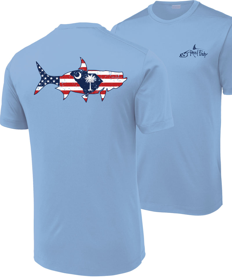 Front and back view of light blue short sleeve Tarpon North Carolina Flag fishing shirt with sun-protective UPF 50