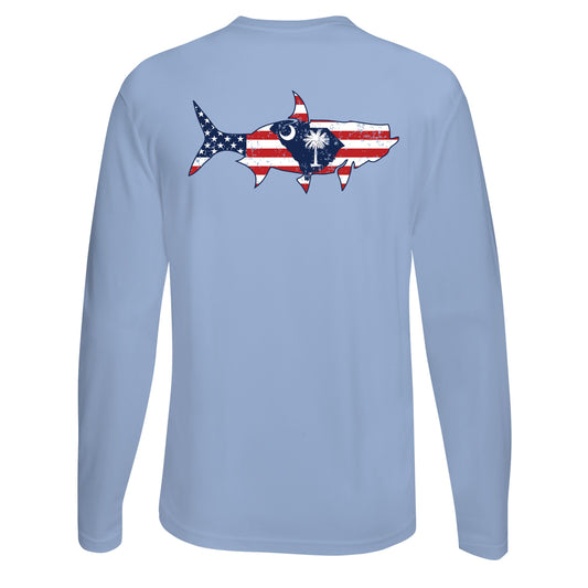 Light Blue long sleeve UPF 50 performance shirt with tarpon silhouette featuring North Carolina State flag and USA flag on back