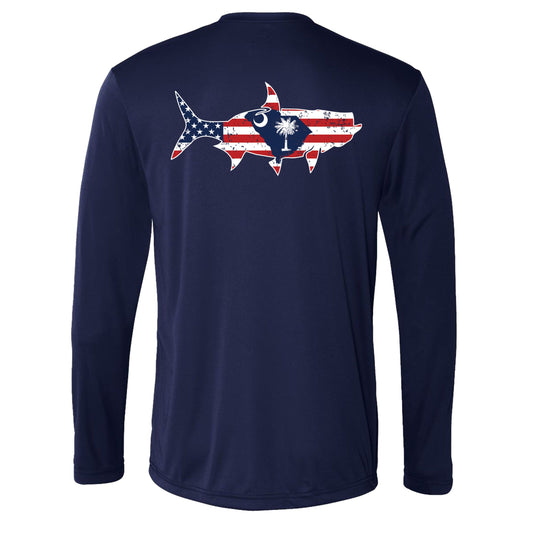 Navy long sleeve UPF 50 performance shirt with tarpon silhouette featuring North Carolina State flag and USA flag on back