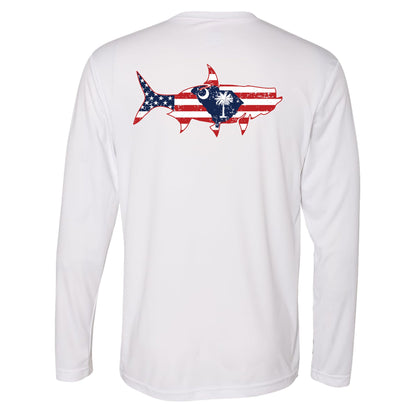 White long sleeve UPF 50 performance shirt with tarpon silhouette featuring North Carolina State flag and USA flag on back