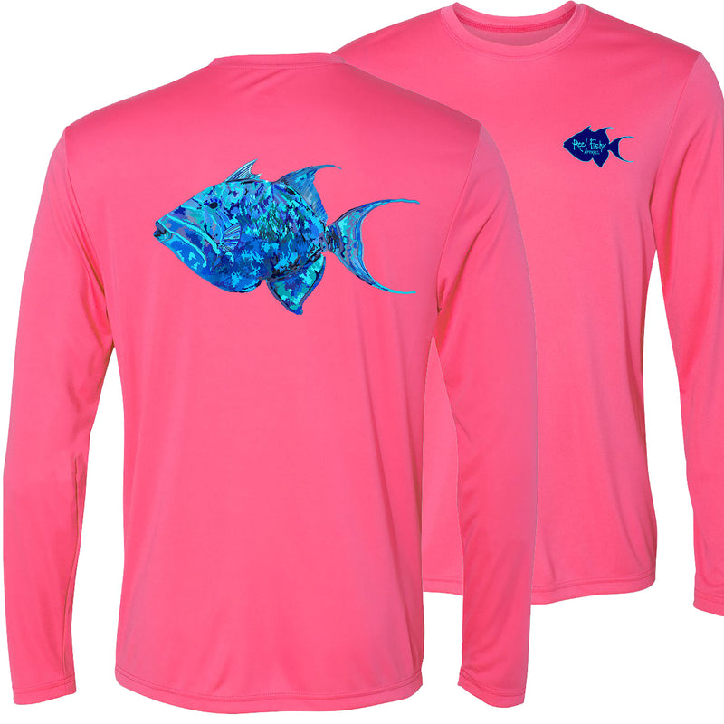 Unisex pink long sleeve performance shirt with 50+ UPF, colorful triggerfish design on back, Reel Fishy triggerfish logo on front.