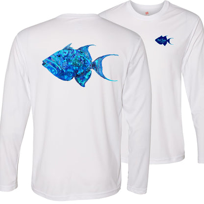 Unisex light blue long sleeve performance shirt with 50+ UPF, colorful triggerfish design on back, Reel Fishy triggerfish logo on front.