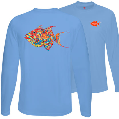 Unisex light blue long sleeve performance shirt with 50+ UPF, colorful triggerfish design on back, Reel Fishy triggerfish logo on front.