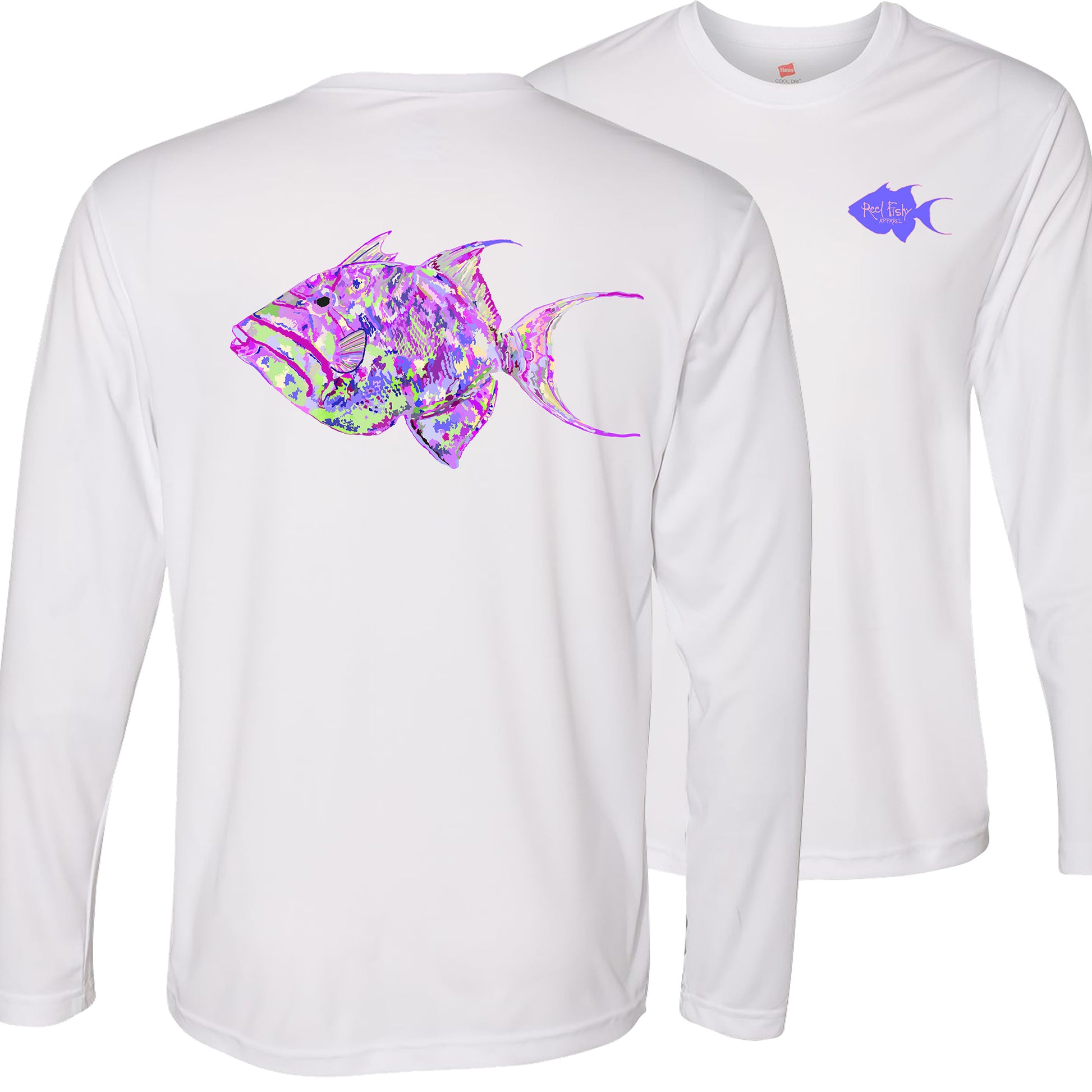 Unisex white long sleeve performance shirt with 50+ UPF, colorful triggerfish design on back, Reel Fishy triggerfish logo on front.