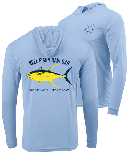 Tuna light blue hoodie long sleeve. The back features a graphic of a yellow tuna fish with the text 'REEL FISHY RAW BAR' above it, and coordinates below.