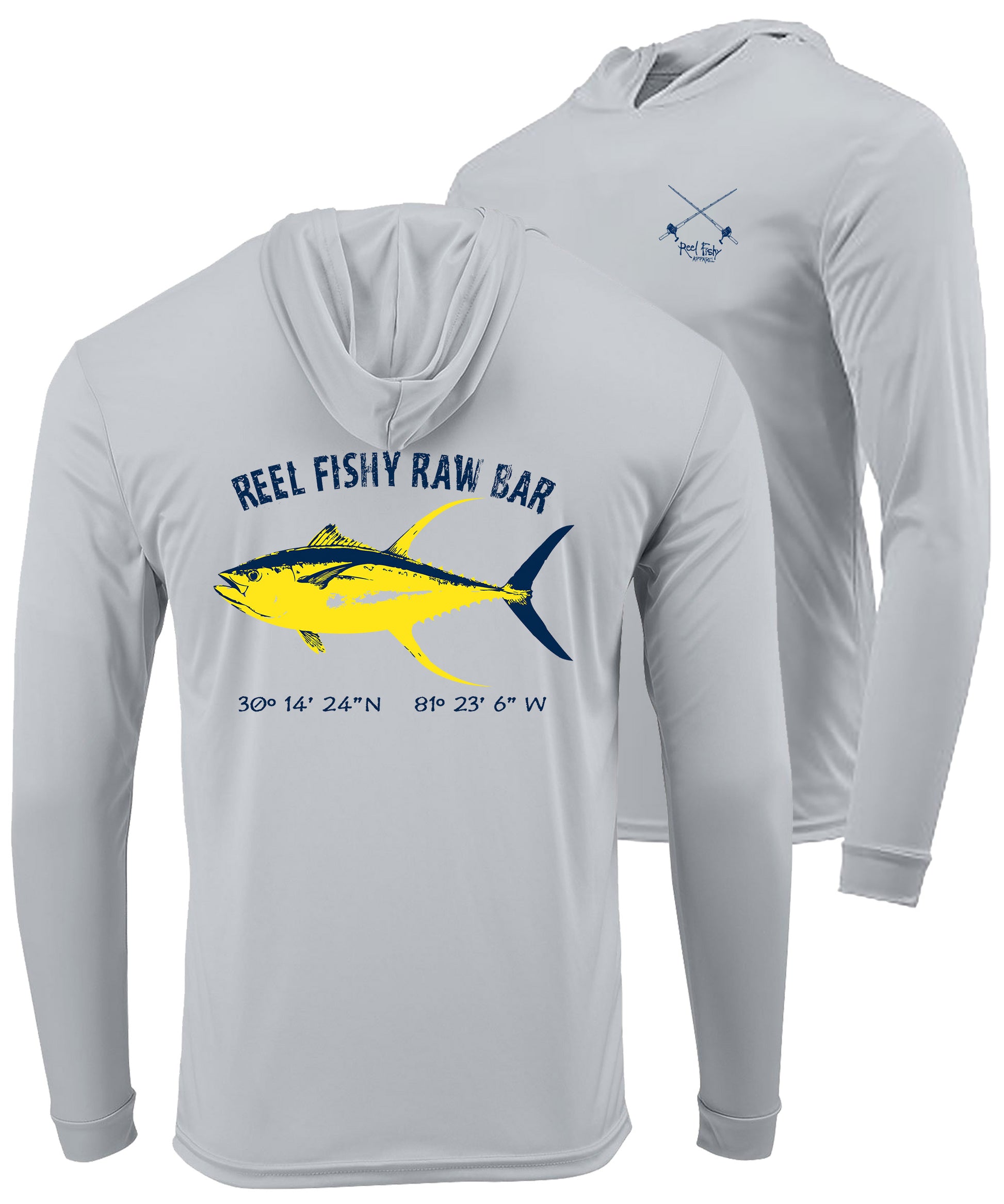 A light gray long-sleeve hooded performance shirt shown from the front and back. The back features a graphic of a yellow and blue tuna fish with the text 'REEL FISHY RAW BAR' above it and coordinates below.