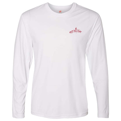 White long sleeve UPF 50 performance shirt with Reel Fishy tarpon logo on the front.