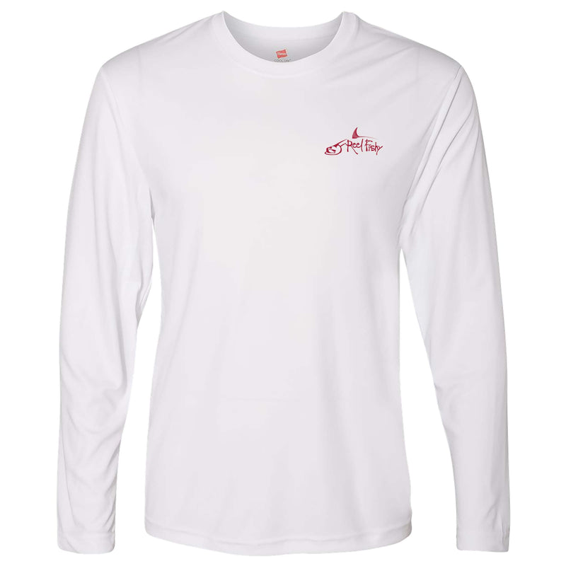 White long sleeve UPF 50 performance shirt with Reel Fishy tarpon logo on the front.