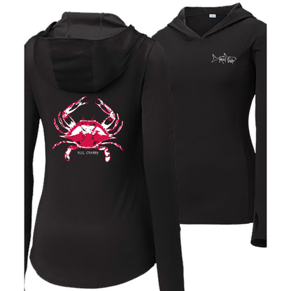 Women's black long sleeve performance hoodie with blue crab design, thumb holes, and Reel Fishy Tarpon logo on the front
