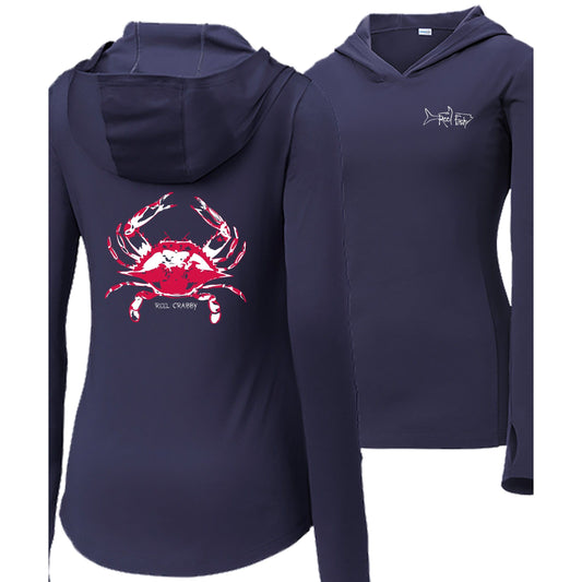 Women's navy long sleeve performance hoodie with blue crab design, thumb holes, and Reel Fishy Tarpon logo on the front