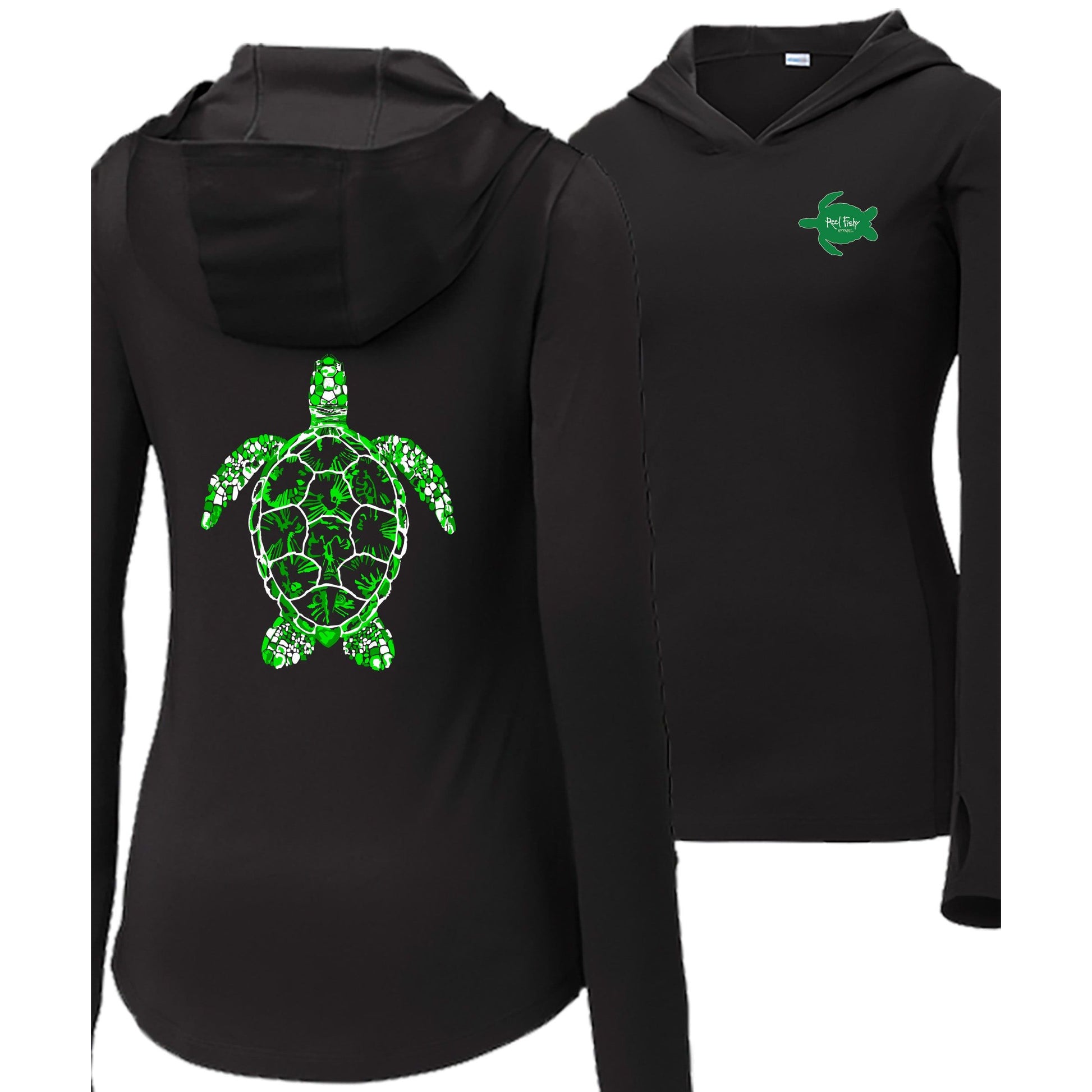 Women's black long sleeve performance hoodie with green turtle design, thumb holes, and Reel Fishy Turtle  logo on the front