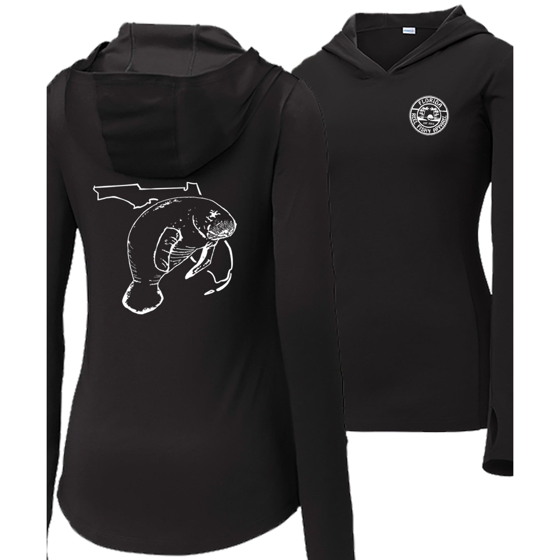 Women's black long sleeve performance hoodie with Florida Manatee design, thumb holes, and Reel Fishy logo on the front