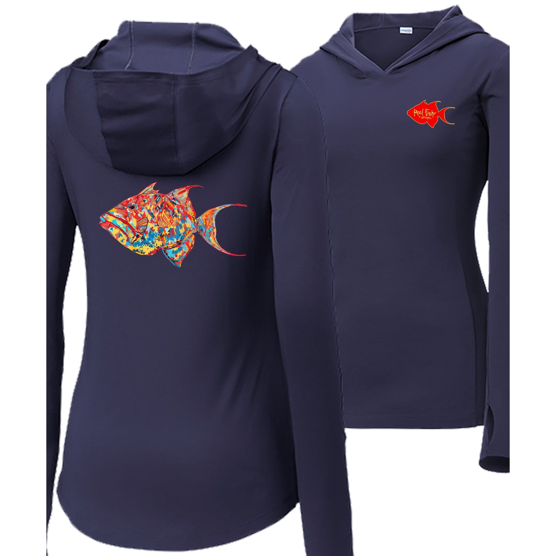 Women’s navy long sleeve performance hoodie, thumb holes, colorful triggerfish design, and Reel Fishy Triggerfish logo on front.