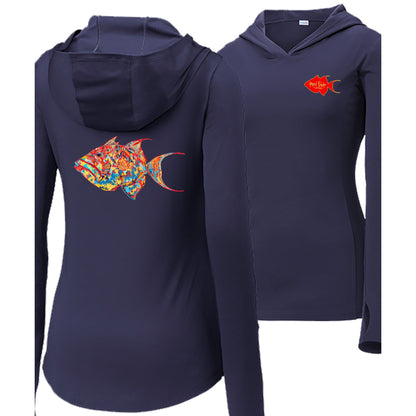 Women’s navy long sleeve performance hoodie, thumb holes, colorful triggerfish design, and Reel Fishy Triggerfish logo on front.