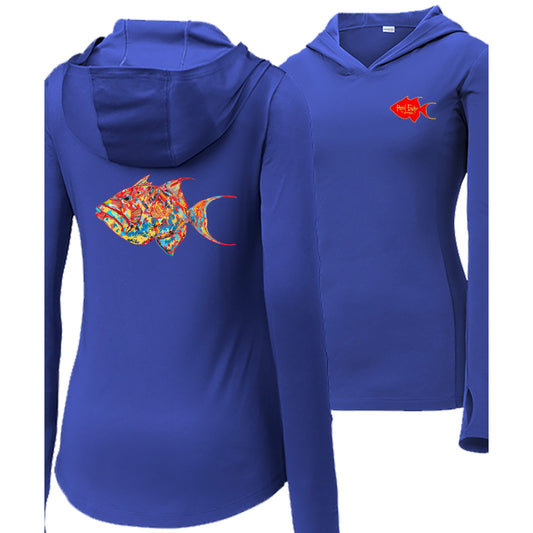 Women’s royal blue long sleeve performance hoodie, thumb holes, colorful triggerfish design, and Reel Fishy Triggerfish logo on front.