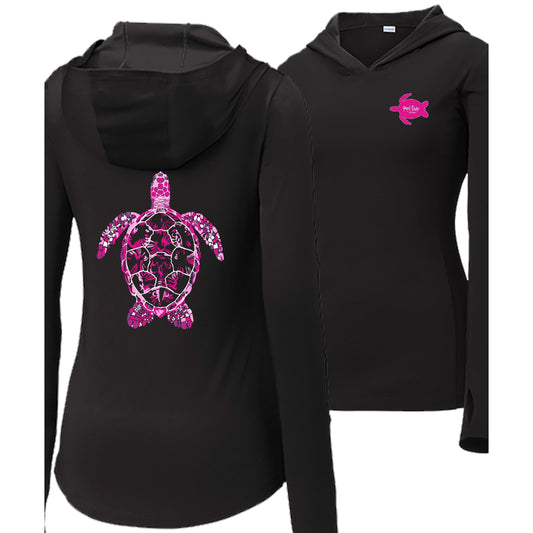 Women's black long sleeve performance hoodie with pink turtle design, thumb holes, and Reel Fishy Turtle  logo on the front